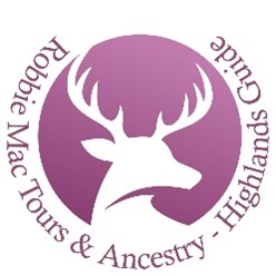 RobbieMac Tours logo: A stag's head surrounded by a circle of text saying, "Robbie Mac Tours & Ancestry - Highlands Guide"