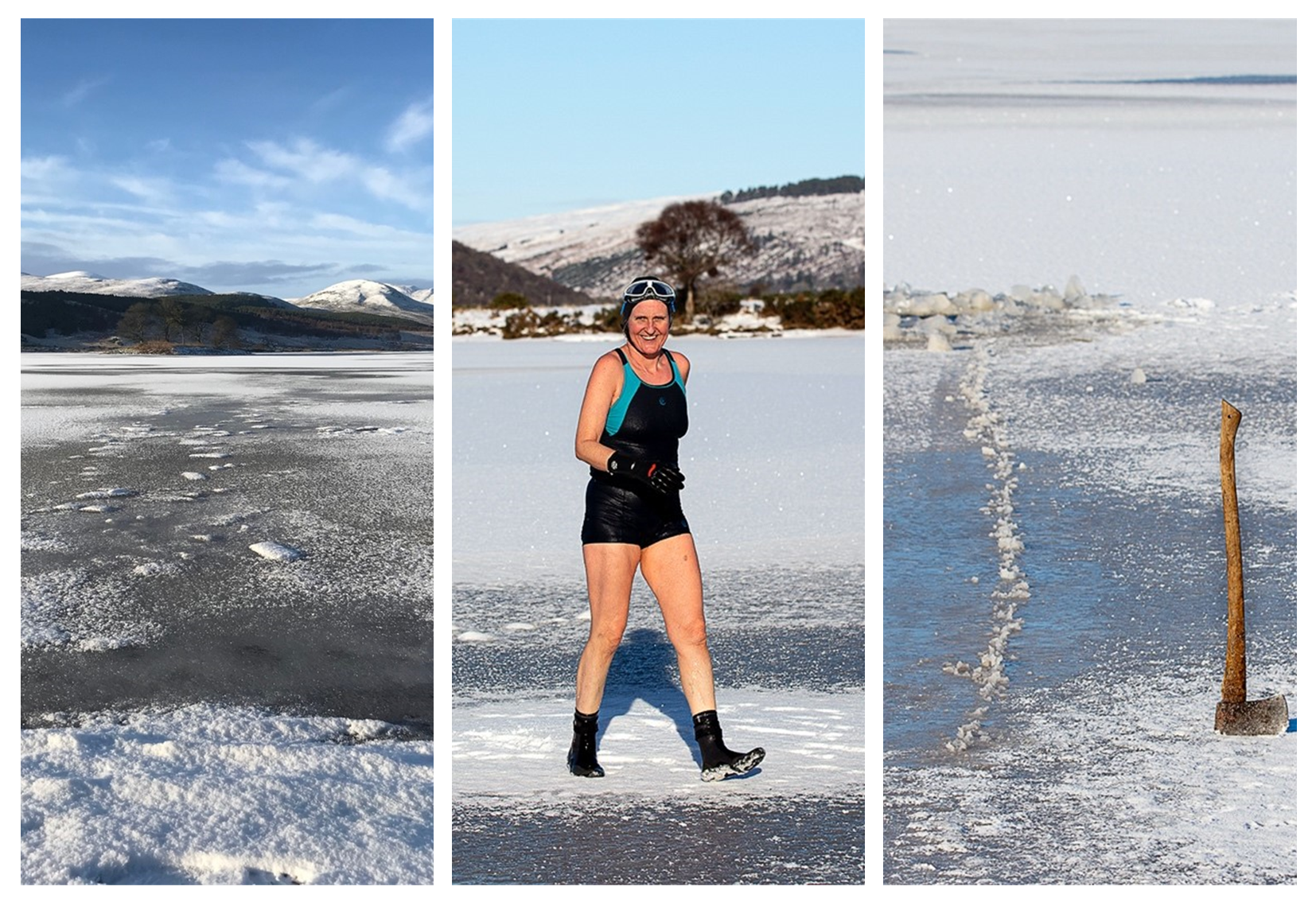 Collage of three images showing a frozen Loch Brora with thick ice, Amanda striding across the ice, and an axe which has been used to break a swim hole through the ice.