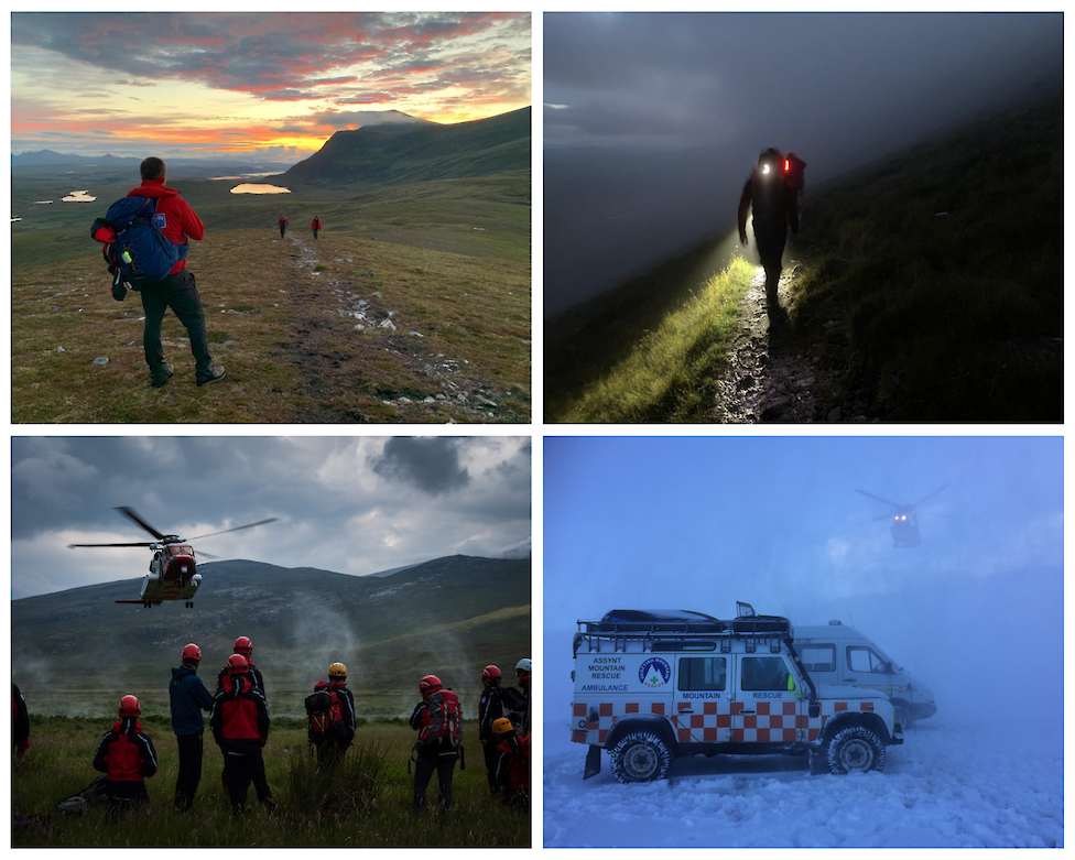 Collage of four images: Each image showing mountain scenery in different weather: sunset, night, rain and clouds, and blizzard.