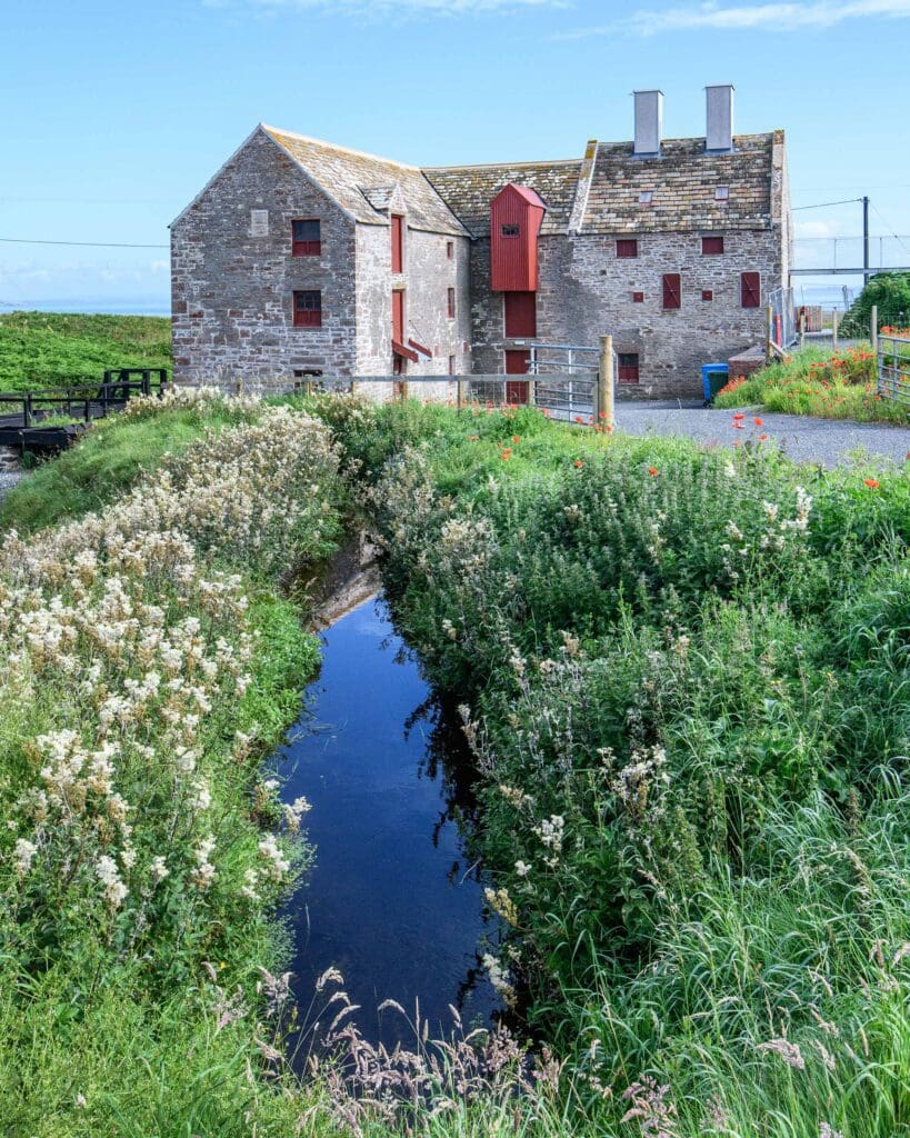 A summer scene of the exterior of John O'Groats Mill, near the NC500, surrounded by wildlife and history