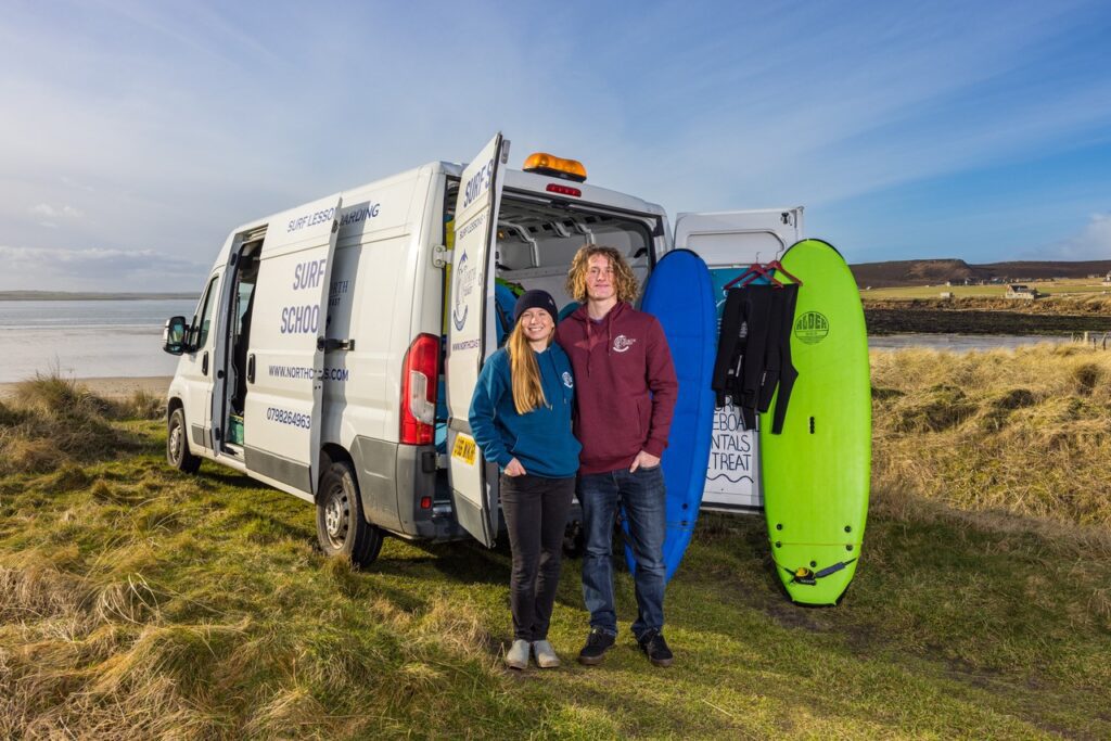 Iona McLachlan and Fin MacDonald, Co-founders of North Coast Watersports offering Surf and Paddleboard lessons in Caithness, North Scotland, near the NC500