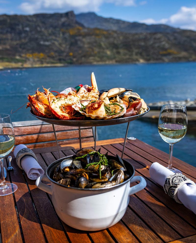 Kylesku Hotel Restaurant, locally sourced array of seafood, overlooking Loch Glendhu where the seafood is sourced.