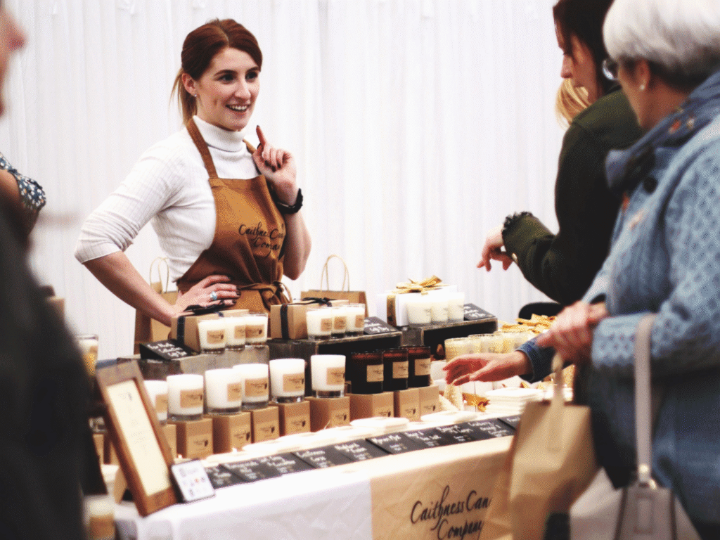 Caithness Candle Company at a market, selling handmade local candles, gifts and souvenirs made in the North Highlands.