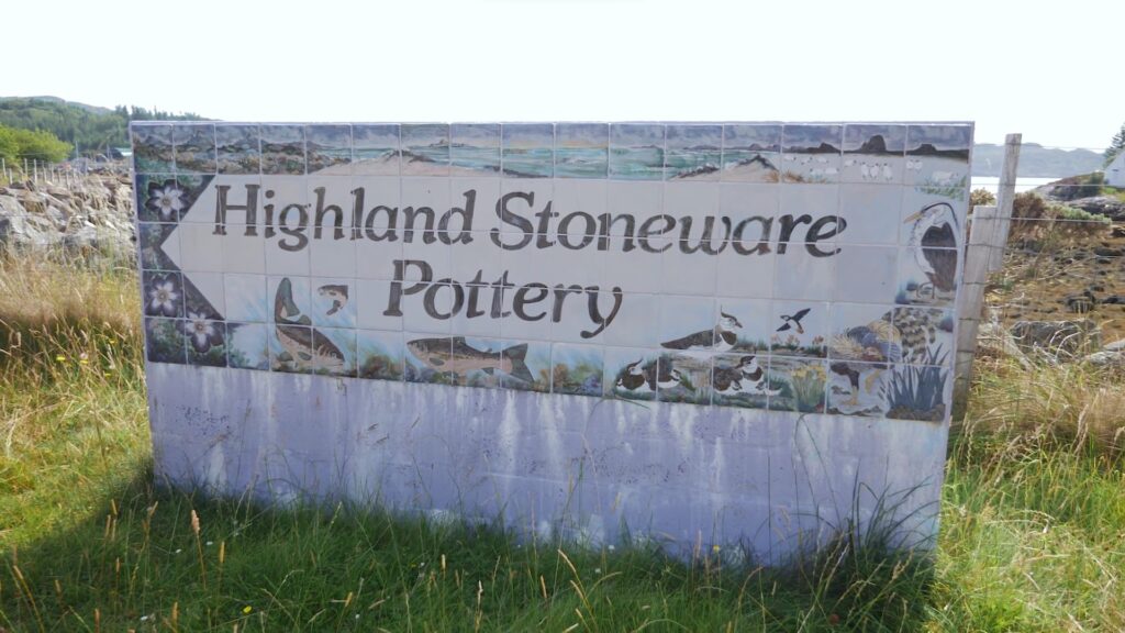 Highland Stoneware Pottery workshop and gift shop sign at Lochinver, Sutherland