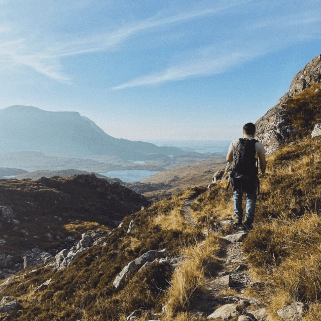 Walking along the pathed hills at Assynt, West Sutherland, North Highlands