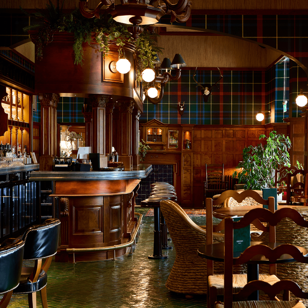 A cosy bar and restaurant with tartan decoration, Dornoch Station Hotel, East coast of Sutherland, North Highlands