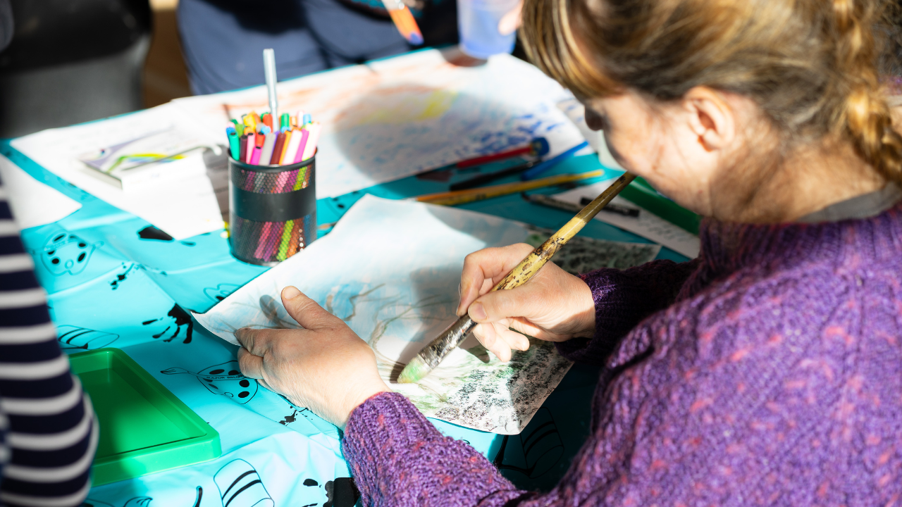 Painting and drawing with colorful watercolours and pens at Lyth Arts Centre, Caithness, North Highlands.