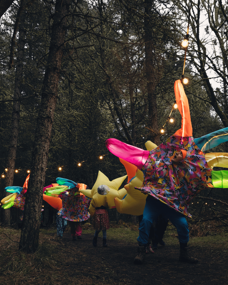 Lyth Arts Centre Parade in Dunnet Woods, colourful costumes and lights. Dunnet, Caithness, North Highlands