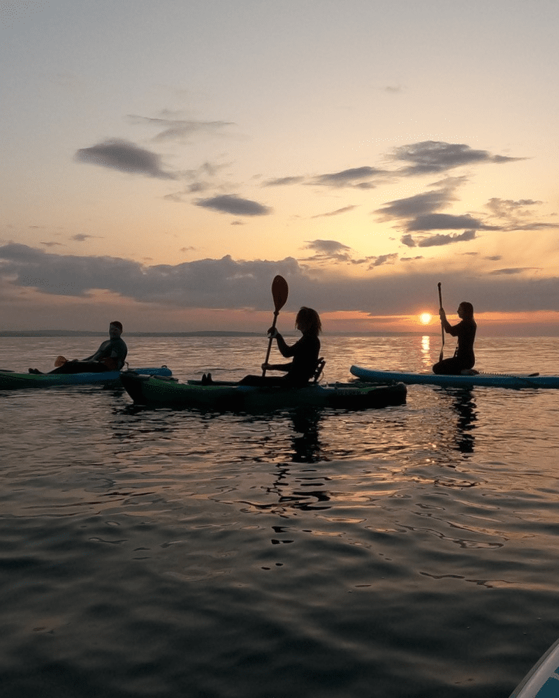 Three people paddleboarding at sunset, in the seas by Thurso, Scotland. Activities and sport in the North Highlands
