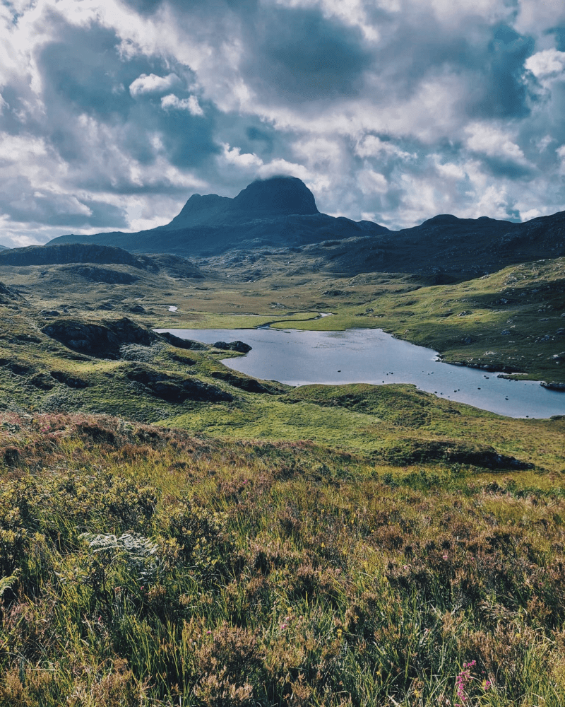 View of the loch and mountains at Suliven, West Sutherland, North Highlands. Walking and cycling North Highlands