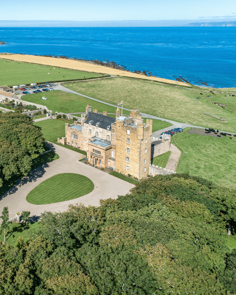 Castle of Mey in aerial view, in Caithness, Scotland. Attractions and landmarks.