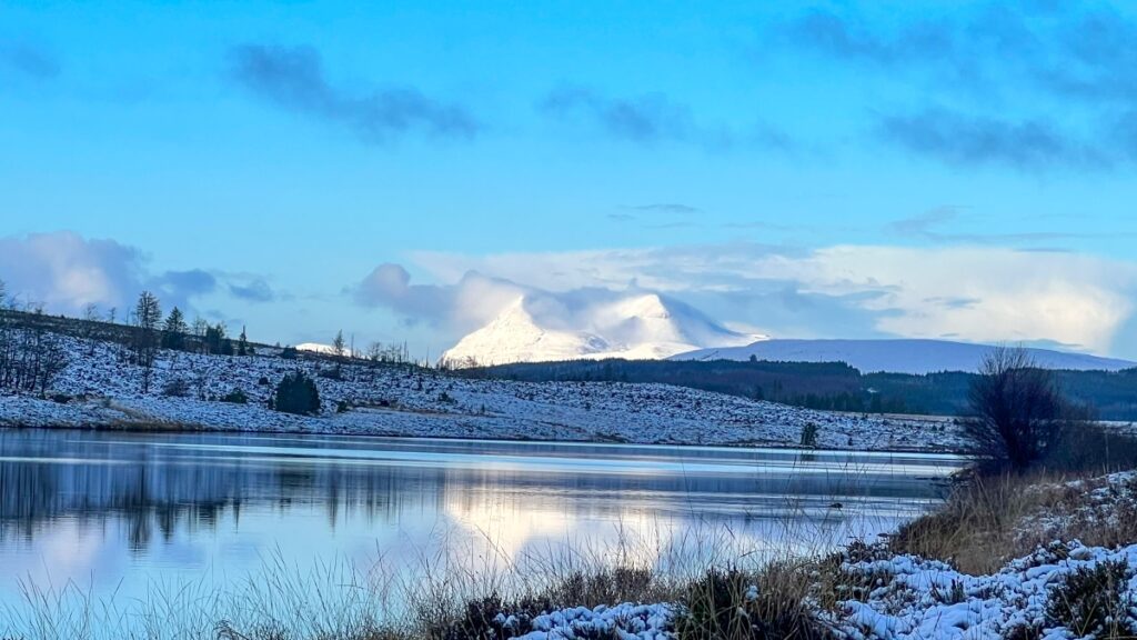 North Highland Winter scene with snowy mountains reflecting off a frozen loch