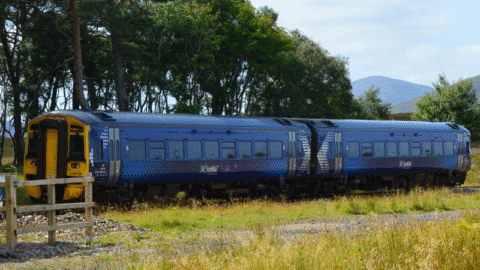 A train stopped at Forsinard, Sutherland, Scotland.