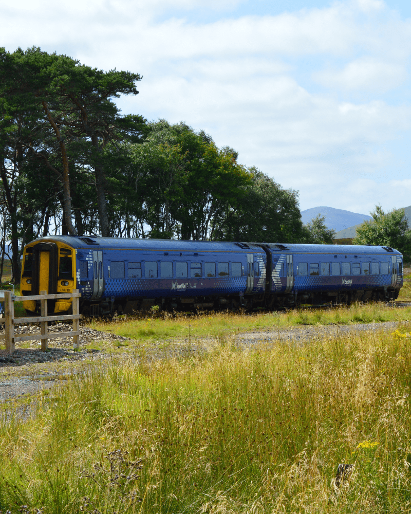 A train stopped at Forsinard, Sutherland, Scotland.