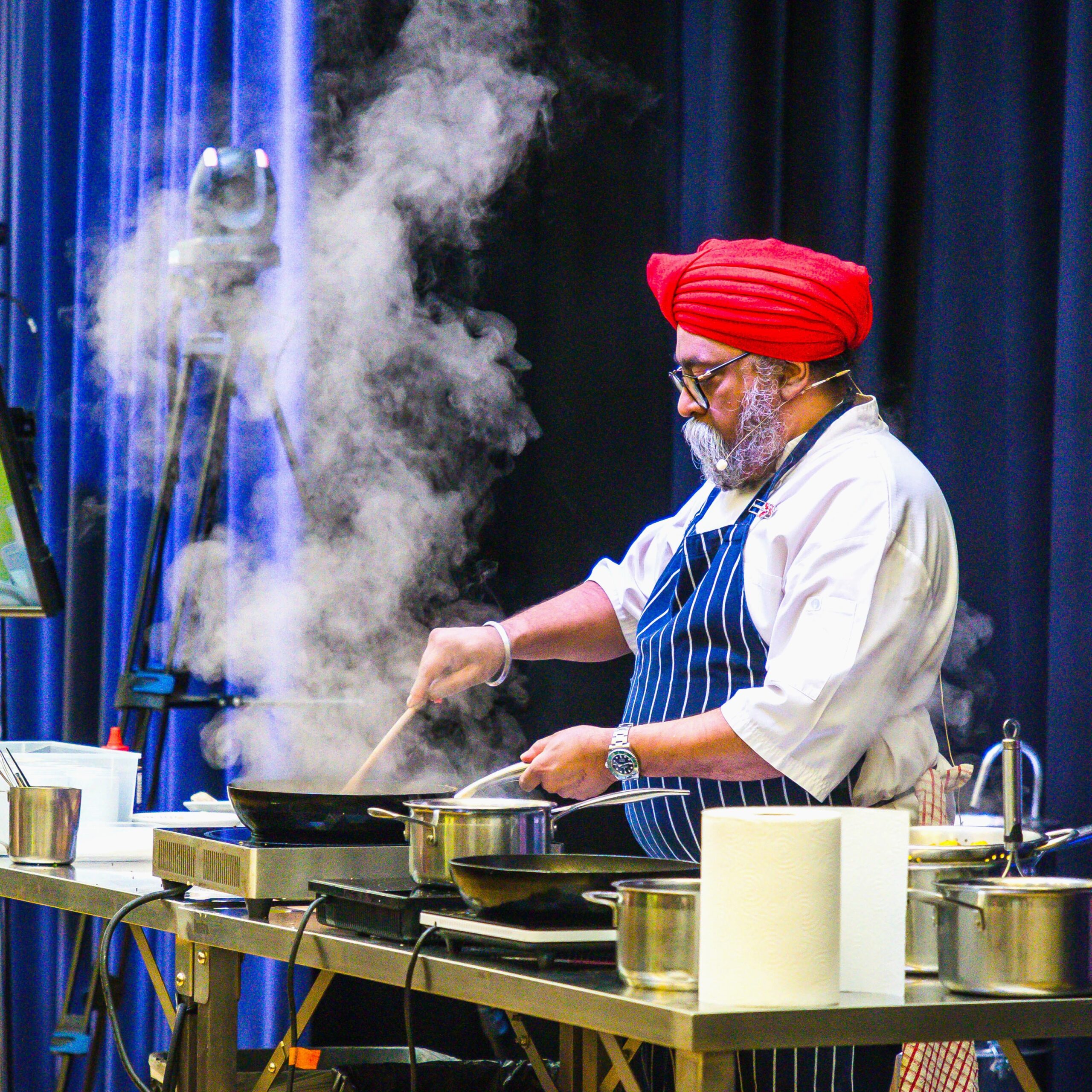 Professional chef Tony Singh presents a cookery demo at annual Taste North event in Wick, Caithness, North Highlands