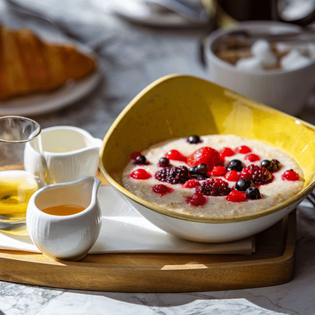 A bowl of Scottish porridge with berries on top, small pitchers of honey and cream sit off to the side.