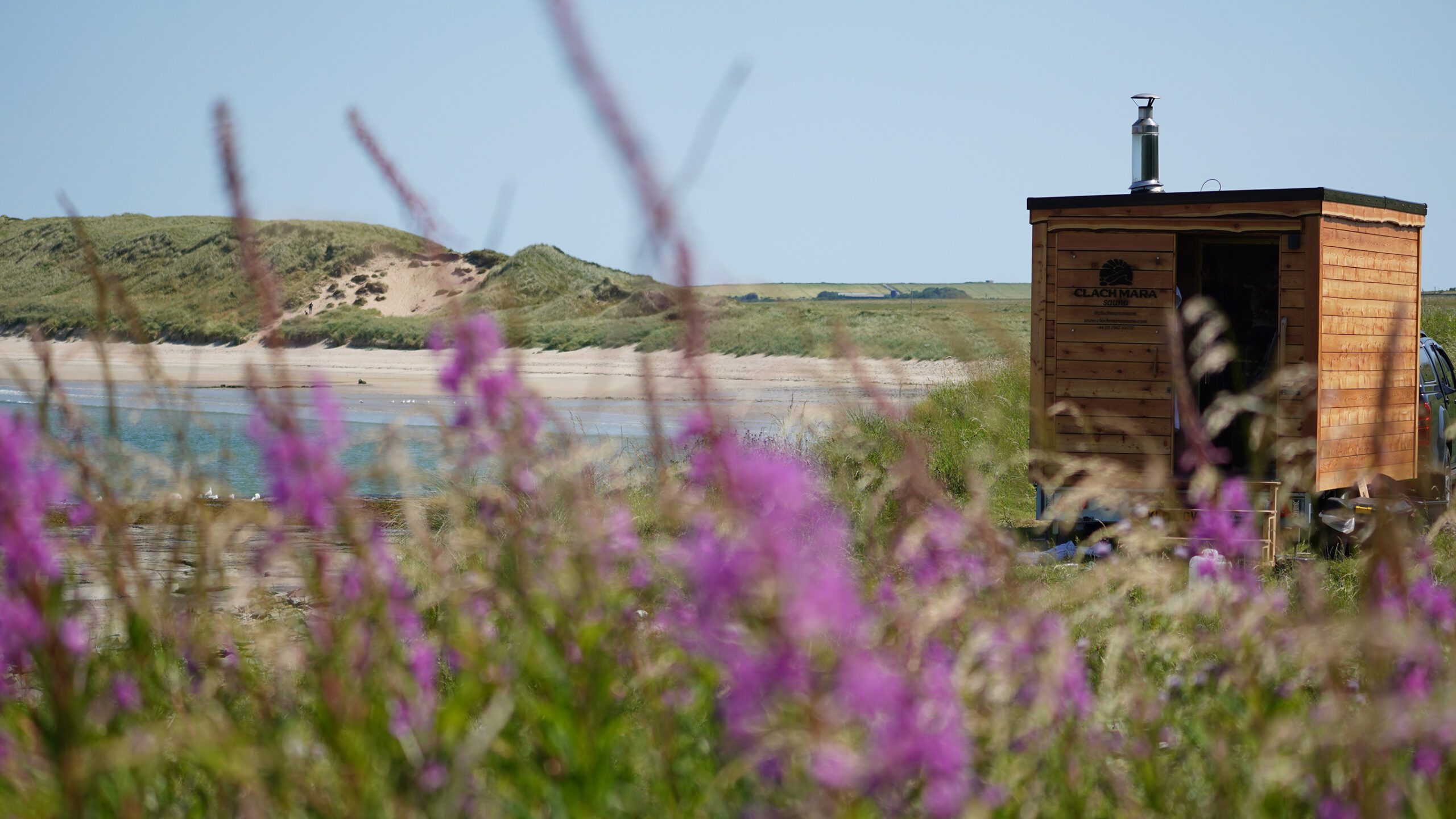 A travel sauna viewed from behind purple flowers, thebeach is within view, located pn Castletown Beach, in the North ighlands