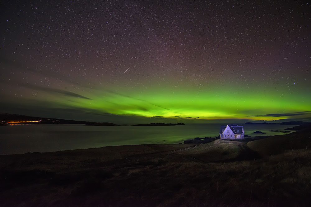 Northern Lights over Skullomie on the North Coast of Sutherland, near Tongue, North Coast 500. Photography by Gary MacLeod.