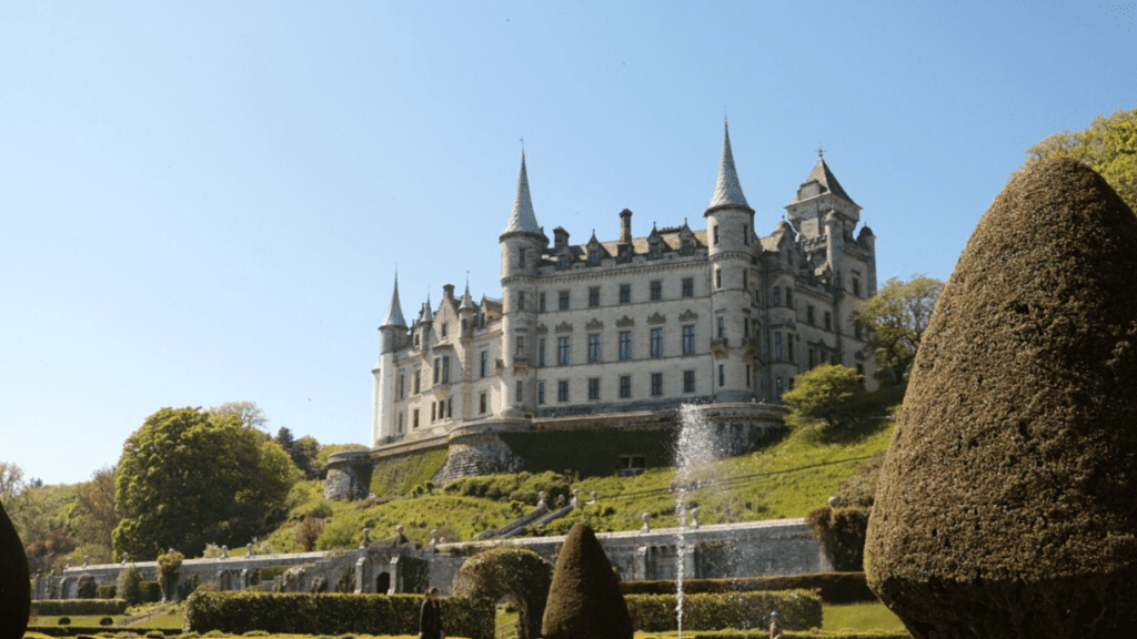 Dunrobin Castle taken from the gardens beneath the Castle, Golspie, Sutherland, North Highlands