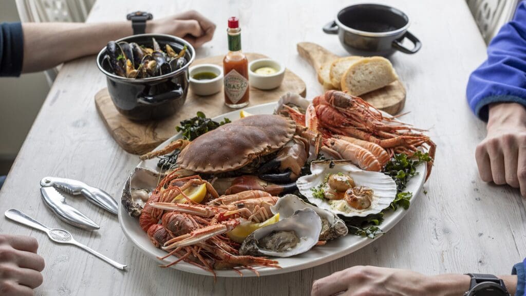 Locally Landed Produce Seafood Platter at Kylesku Hotel North West Highlands, with Oysters, Langoustines, Scallops, Crab, Mussels and Fresh Lobster