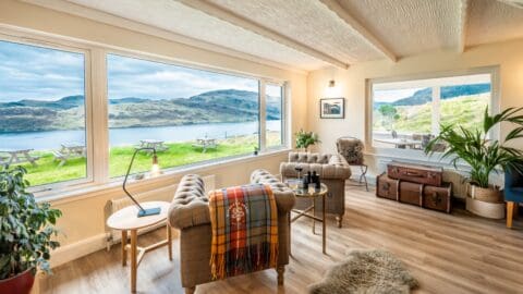 Stunning mountain views from the lounge in Newton Lodge, in the North Highlands