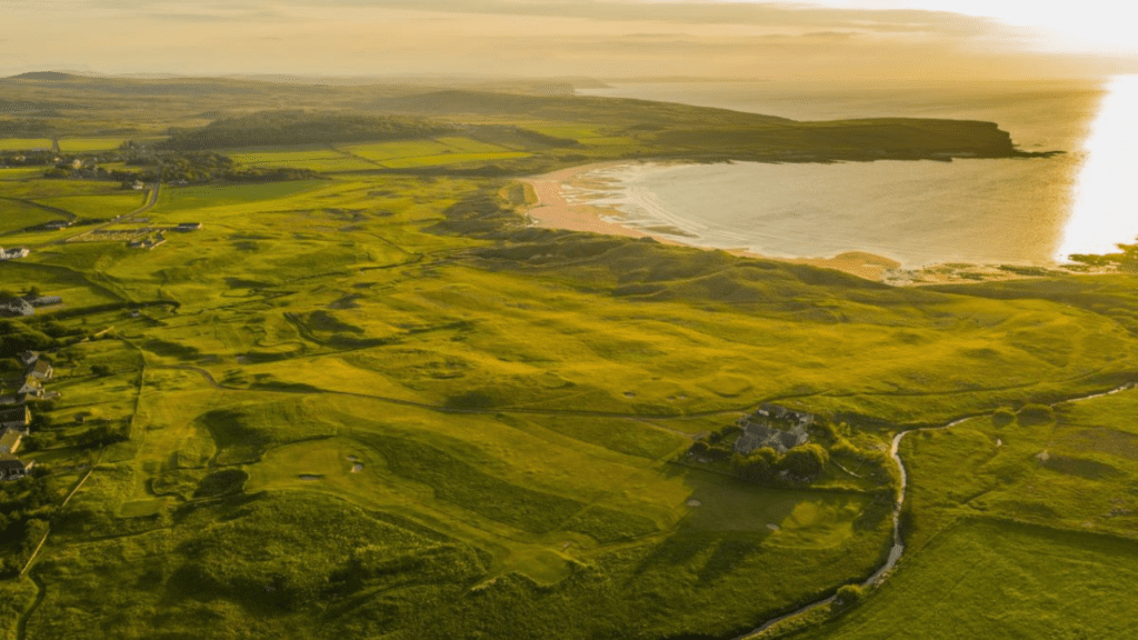 An aerial view over Reay shoing the beach and the golf course, in  Caithness, North Highlands