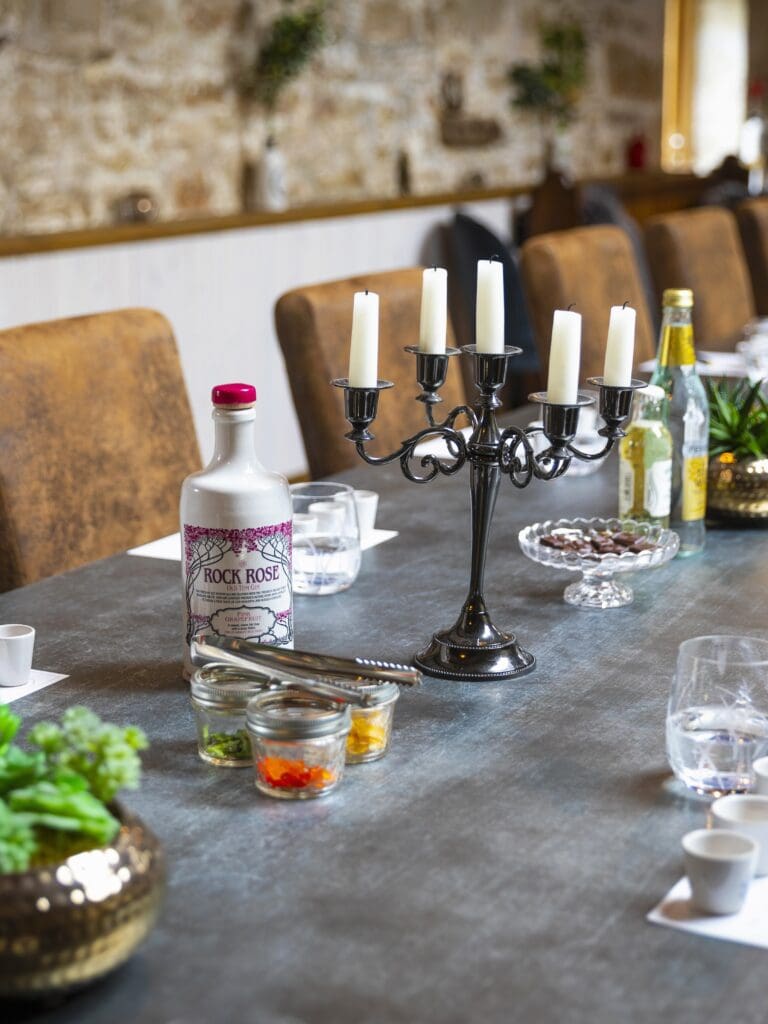 Tasting/cocktail making session workshop set up at Dunnet Bay Distillery with Gin on table in North Caithness
