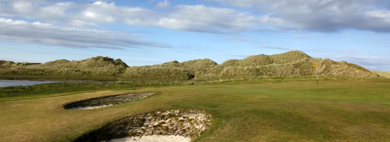 The sand dunes between Wick Golf Course and the beach, with the sand pits in the course in the foreground, in Reiss, Caithness, North Highland