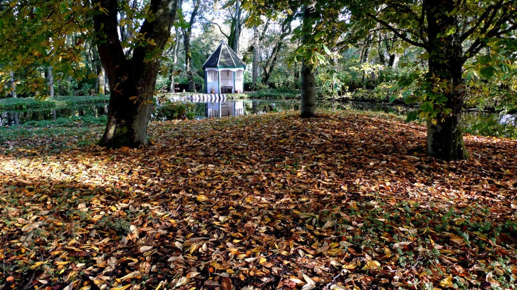 An autumn scene of the grounds on the Thrumster House estate, with the pond and summer house in the background. Located on the North Coast 500