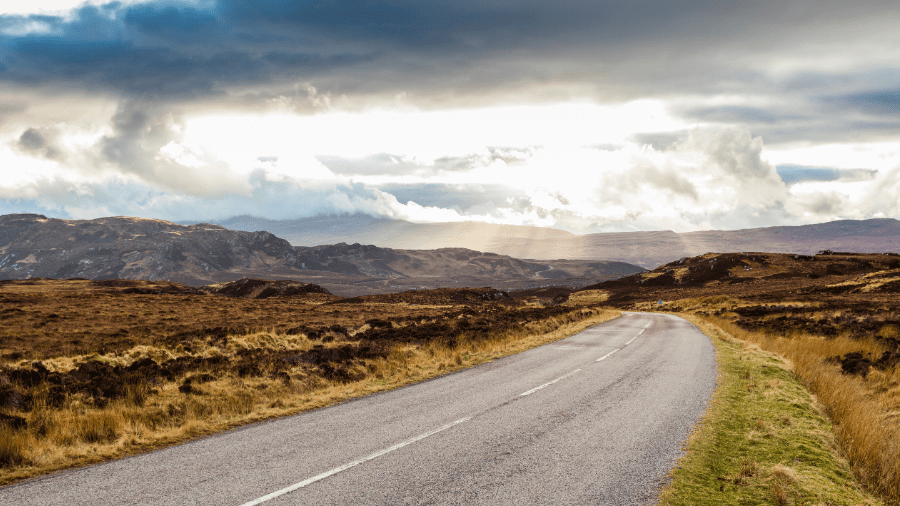 The A838 Road near Tongue on the NC500, the road you will travel on the Far North when travelling the North Coast by public transport