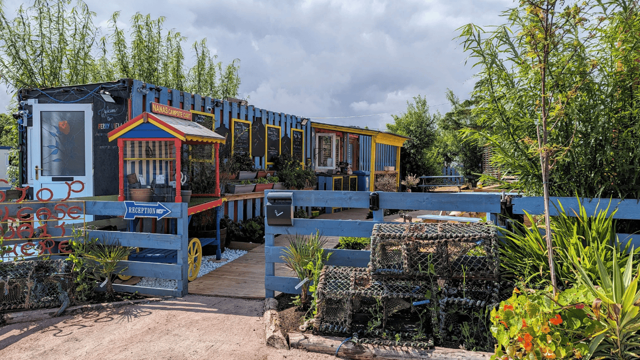 A brightly coloured reception building at Ferry View Campsite in the North Highlands