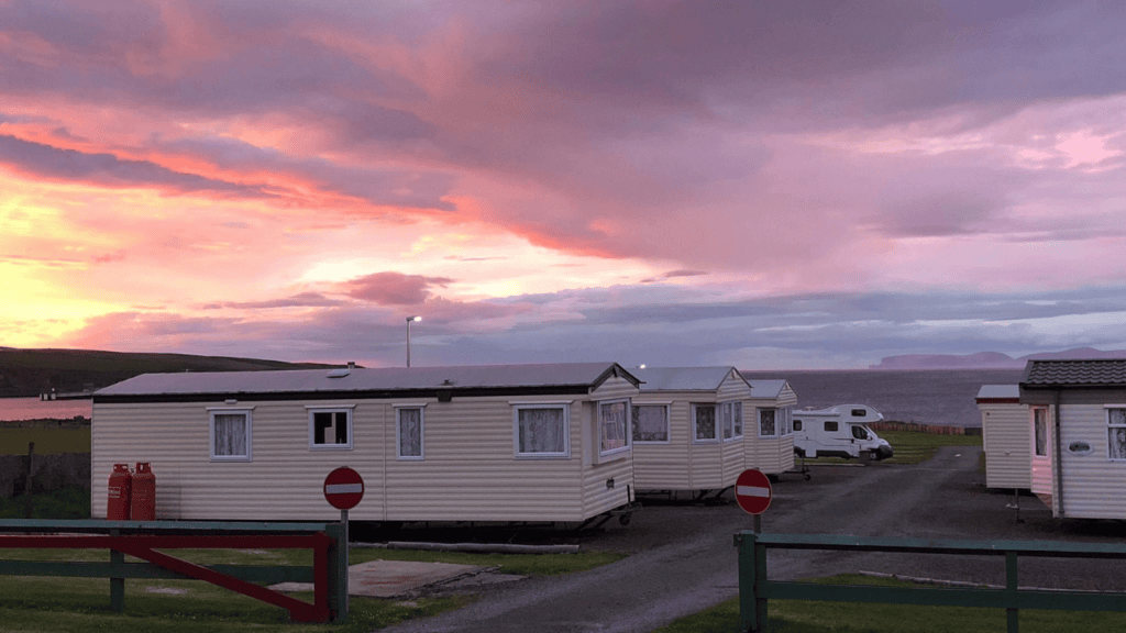 Rows of Static Caravans at Sunset at Thurso Bay Holidays in the North Highlands